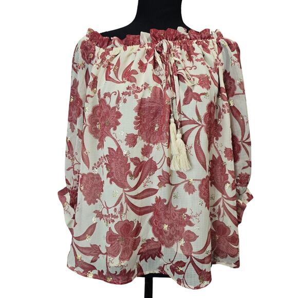 ⭐️Vince Camuto Off the Shoulder Genma Batik Floral Print Blouse Sz L - Picture 1 of 6